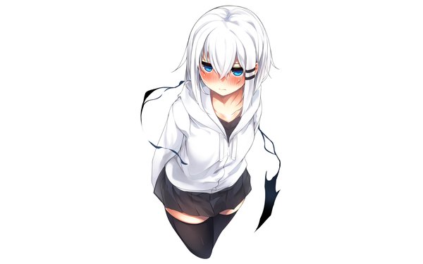 Anime picture 2211x1382 with original ringo-chan (otokuyou) otokuyou single long hair looking at viewer blush fringe highres blue eyes simple background hair between eyes white background white hair pleated skirt embarrassed zettai ryouiki hands behind back girl thighhighs