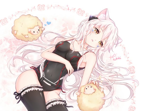 Anime picture 949x742 with original mini single long hair fringe light erotic hair between eyes yellow eyes looking away white hair lying parted lips one eye closed wink on back facial mark floral background girl thighhighs hair ornament
