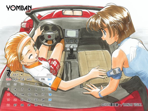 Anime picture 1280x960 with yomban sonoda kenichi short hair blue eyes blonde hair brown hair multiple girls green eyes one eye closed wink plaid skirt plaid car interior calendar 2009 girl skirt 2 girls bracelet hairband jewelry