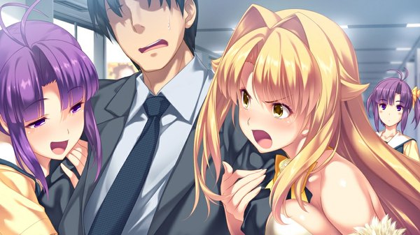 Anime picture 1024x576 with d-eve in you yusa shoko long hair short hair open mouth blonde hair wide image purple eyes multiple girls yellow eyes game cg purple hair girl boy 3 girls