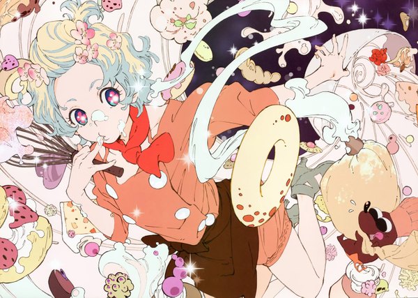 Anime picture 1500x1069 with tengen toppa gurren lagann gainax nia teppelin nakamura shouko single short hair silver hair pink eyes hair flower official art mouth hold girl hair ornament food sweets berry (berries) candy strawberry doughnut cream
