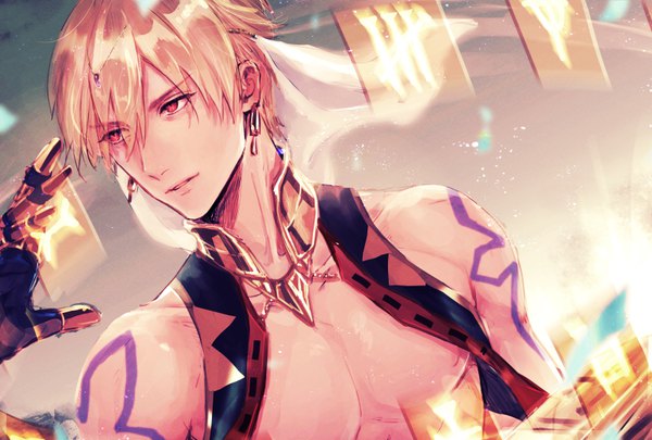 Anime picture 800x540 with fate (series) fate/grand order gilgamesh (fate) gilgamesh (caster) (fate) saryo single fringe short hair blonde hair hair between eyes red eyes bare shoulders looking away upper body traditional clothes tattoo boy gloves earrings arabian clothes