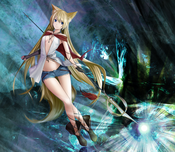 Anime picture 1027x898 with original maco single long hair blue eyes light erotic blonde hair smile animal ears cat ears no bra magic girl gloves weapon shorts