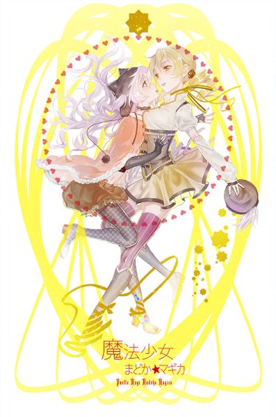 Anime picture 813x1228 with mahou shoujo madoka magica shaft (studio) tomoe mami momoe nagisa majiang long hair tall image blush blonde hair white background twintails multiple girls yellow eyes purple hair nail polish profile bare belly copyright name drill hair shoujo ai