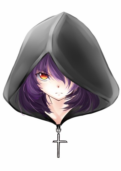 Anime picture 1240x1753 with original ame no uta (aria-rain) single tall image looking at viewer fringe short hair simple background white background yellow eyes purple hair close-up girl hood