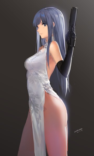 Anime picture 1000x1667 with original kinven single long hair tall image looking at viewer fringe light erotic simple background standing purple eyes bare shoulders purple hair bare belly black background chinese clothes dark background bare back girl gloves