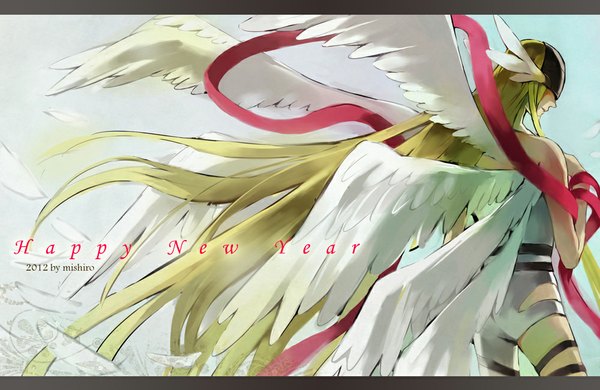 Anime picture 1000x650 with digimon digimon adventure angewomon nanjou (sumeragimishiro) single blonde hair bare shoulders signed very long hair profile inscription angel wings new year happy new year multiple wings girl ribbon (ribbons) wings helmet
