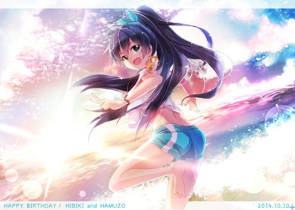 Anime picture 1070x765 with idolmaster ganaha hibiki hamuzou ima (lm ew) long hair looking at viewer blush open mouth smile standing cloud (clouds) ass ponytail looking back barefoot sunlight beach turning head dated horizon