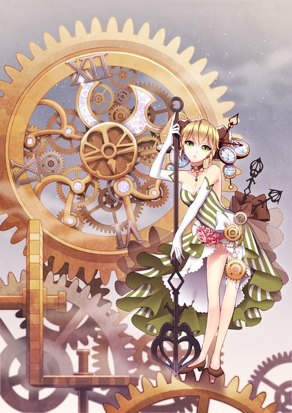 Anime picture 740x1047 with original saban single tall image looking at viewer short hair blonde hair twintails green eyes girl dress gloves bow hair bow elbow gloves clock pocket watch gears