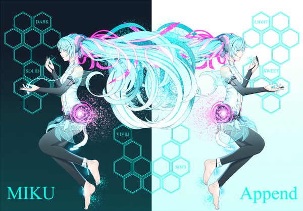 Anime picture 1320x920 with vocaloid vocaloid append hatsune miku hatsune miku (append) kazurala long hair fringe open mouth white background twintails full body bent knee (knees) eyes closed profile arm up aqua hair inscription sparkle character names floating hair