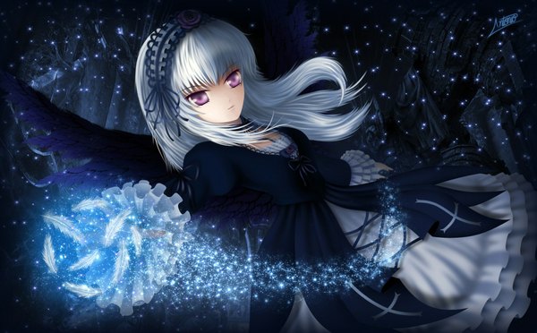 Anime picture 1869x1161 with rozen maiden suigintou single long hair looking at viewer highres wide image purple eyes silver hair wallpaper black wings girl dress wings headdress star (stars) feather (feathers) doll (dolls)