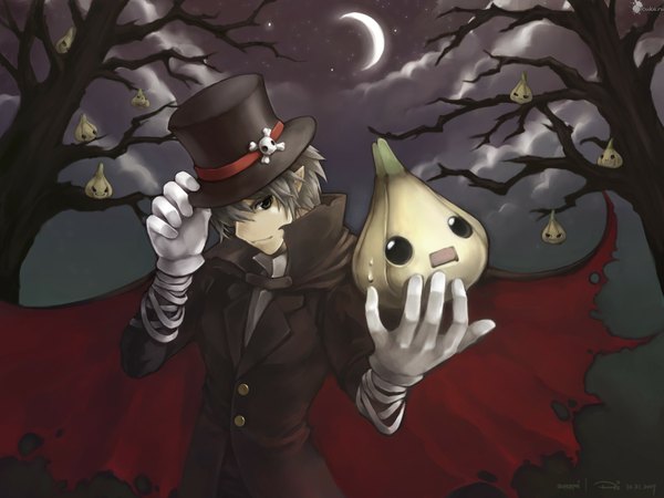 Anime picture 1600x1200 with phi (artist) single sky cloud (clouds) grey hair night torn clothes elf crescent boy gloves moon star (stars) cloak top hat tuxedo onion