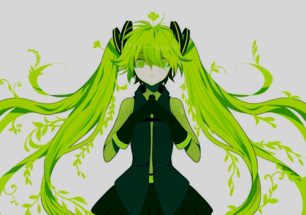 Anime picture 1708x1200 with vocaloid hatsune miku harano long hair looking at viewer fringe highres simple background twintails green eyes green hair grey background tattoo crying interlocked fingers alternate color girl skirt gloves uniform