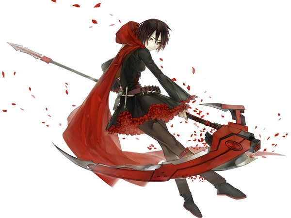 Anime picture 1230x922 with rwby rooster teeth ruby rose memipong single fringe short hair black hair simple background hair between eyes white background full body black eyes girl weapon petals pantyhose frills belt hood