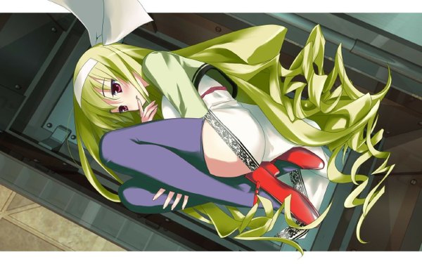 Anime picture 1280x804 with misshitsu no sacrifice single blush fringe blonde hair red eyes looking away lying very long hair drill hair finger to mouth girl thighhighs black thighhighs shoes hairband