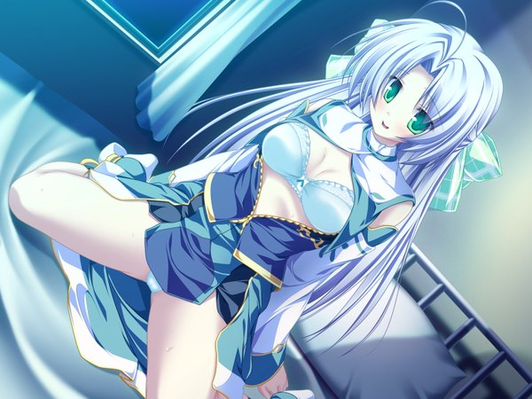 Anime picture 1600x1200 with magus tale whirlpool (studio) alicia infans tenmaso single long hair blush breasts open mouth light erotic green eyes game cg purple hair ahoge night pantyshot girl underwear panties bow