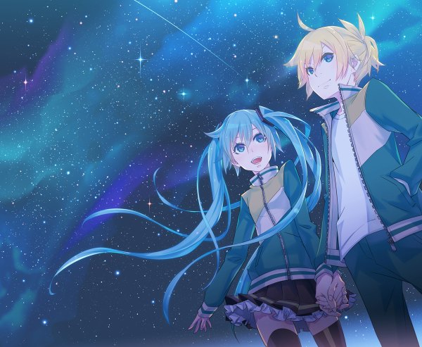 Anime picture 1200x986 with vocaloid hatsune miku kagamine len monq (artist) long hair blush short hair open mouth blue eyes blonde hair sky ahoge pleated skirt wind aqua hair night open clothes open jacket from below alternate costume