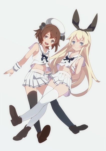 Anime picture 626x885 with kantai collection shimakaze destroyer yukikaze destroyer hajime (hajime-ill-1st) long hair tall image blush short hair open mouth simple background blonde hair smile brown hair multiple girls brown eyes pleated skirt grey background grey eyes alternate costume hands behind back