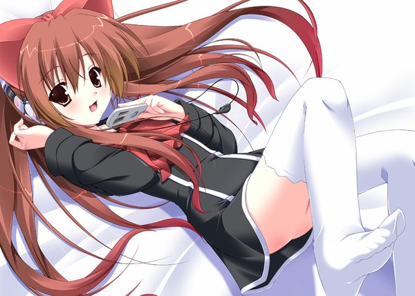 Anime picture 1050x750 with quiz magic academy aloe yoshiharu single long hair blush open mouth light erotic smile brown hair twintails brown eyes on back girl thighhighs ribbon (ribbons) hair ribbon school uniform white thighhighs headphones