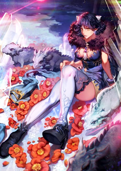 Anime picture 750x1061 with original caesty single tall image short hair breasts sitting animal ears yellow eyes looking away sky cleavage purple hair cloud (clouds) bent knee (knees) parted lips lips shadow zettai ryouiki lens flare
