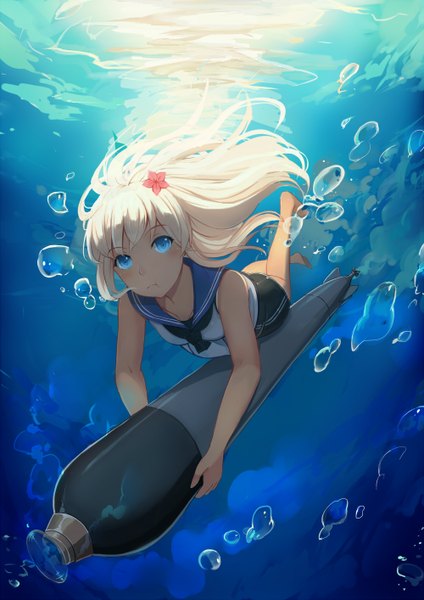 Anime picture 1000x1414 with kantai collection ro-500 submarine yingji (zszero) single long hair tall image looking at viewer blue eyes white hair hair flower underwater girl hair ornament flower (flowers) bubble (bubbles) sailor suit