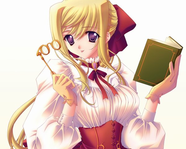 Anime picture 1280x1024 with carnelian single long hair fringe simple background blonde hair white background purple eyes looking away wallpaper girl gloves bow hair bow tongue book (books) corset blouse