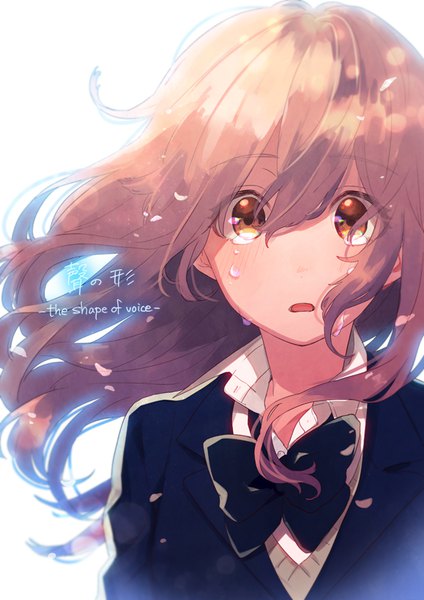 Anime picture 579x818 with koe no katachi kyoto animation nishimiya shouko momoiro oji single long hair tall image looking at viewer fringe open mouth hair between eyes brown hair brown eyes pink hair wind inscription orange eyes copyright name tears text