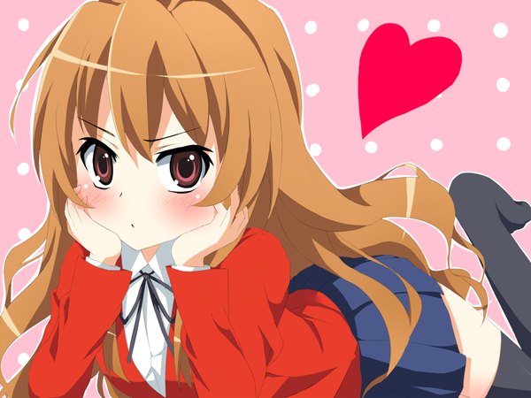 Anime picture 1200x900 with toradora j.c. staff aisaka taiga sayaka (ponkichi) single long hair looking at viewer blush brown hair brown eyes no shoes on stomach legs up girl thighhighs uniform school uniform shirt heart