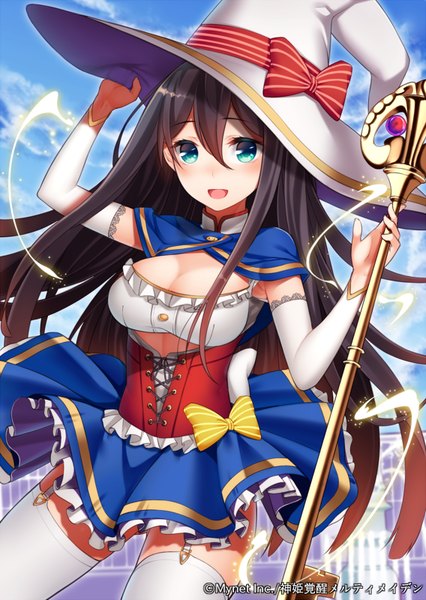 Anime picture 568x800 with kamihime kakusei melty maiden (game) ray-akila single long hair tall image looking at viewer fringe breasts open mouth blue eyes black hair standing holding sky cloud (clouds) long sleeves magic witch underbust girl
