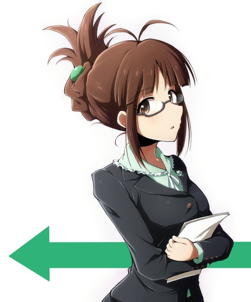 Anime picture 1792x2158 with idolmaster akizuki ritsuko rariemonn single long hair tall image fringe highres breasts open mouth brown hair standing holding brown eyes looking up girl hair ornament glasses suit paper