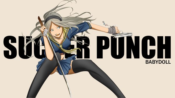 Anime picture 1920x1080 with sucker punch baby doll (sucker punch) long hair highres open mouth wide image green eyes silver hair grey hair girl thighhighs weapon black thighhighs sword hairband katana gun