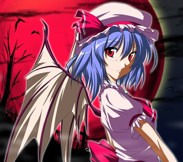 Anime picture 1072x952 with touhou remilia scarlet nori tamago single short hair smile red eyes blue hair bat wings red moon girl dress wings moon bonnet
