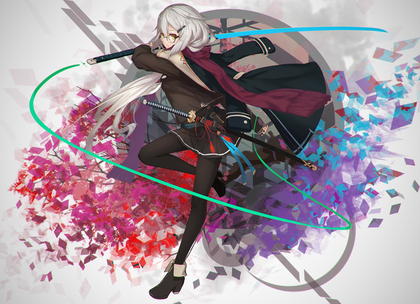 Anime picture 1920x1394 with original caang yue xue feeng single long hair highres yellow eyes white hair girl skirt uniform weapon school uniform miniskirt sword glasses boots scarf katana bobby pin red scarf