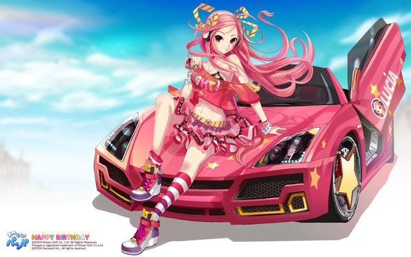 Anime picture 1920x1200 with pangya lucia lee byung hee single long hair highres wide image pink hair pink eyes girl skirt ribbon (ribbons) miniskirt socks headphones star (symbol) ground vehicle car striped socks