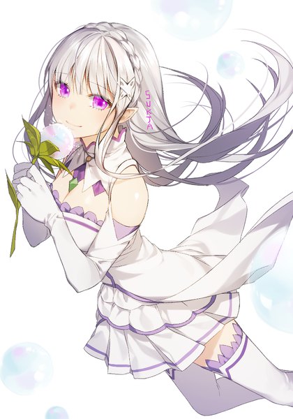 Anime picture 700x1000 with re:zero kara hajimeru isekai seikatsu white fox emilia (re:zero) sorolp single long hair tall image looking at viewer fringe simple background white background purple eyes bare shoulders signed cleavage silver hair braid (braids) light smile from above pointy ears