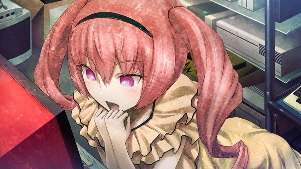 Anime picture 1280x720 with steins;gate white fox faris nyannyan huke long hair open mouth wide image twintails pink hair game cg pink eyes drill hair girl