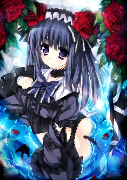 Anime picture 848x1200 with original ojitcha single long hair tall image looking at viewer blush light erotic purple eyes blue hair tail girl dress flower (flowers) petals water frills headdress rose (roses)