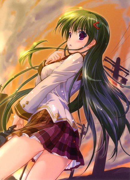 Anime picture 2064x2844 with original komatsu eiji long hair tall image blush highres purple eyes green hair girl skirt uniform hair ornament school uniform miniskirt hairclip