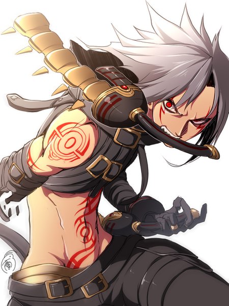 Anime picture 921x1228 with .hack// .hack//g.u. haseo ito mijinko single tall image short hair simple background red eyes white background holding silver hair midriff tattoo mouth hold groin facial mark angry spiked hair albino