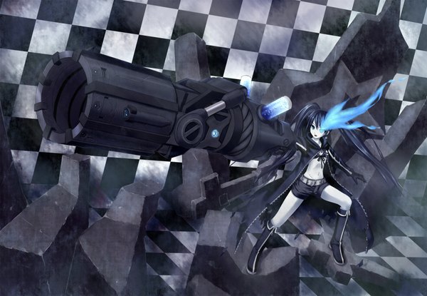 Anime picture 1750x1212 with black rock shooter black rock shooter (character) single highres twintails glowing glowing eye (eyes) checkered background girl bikini top huge weapon