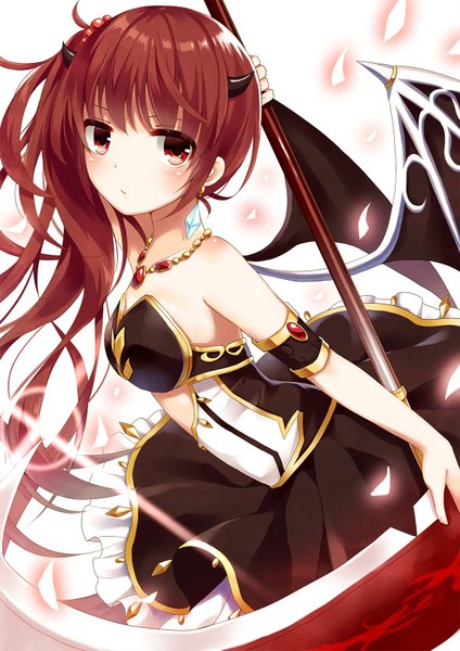 Anime picture 1200x1697 with original yon (letter) single long hair tall image looking at viewer blush fringe red eyes holding ponytail red hair horn (horns) side ponytail demon girl demon wings oni horns girl dress weapon