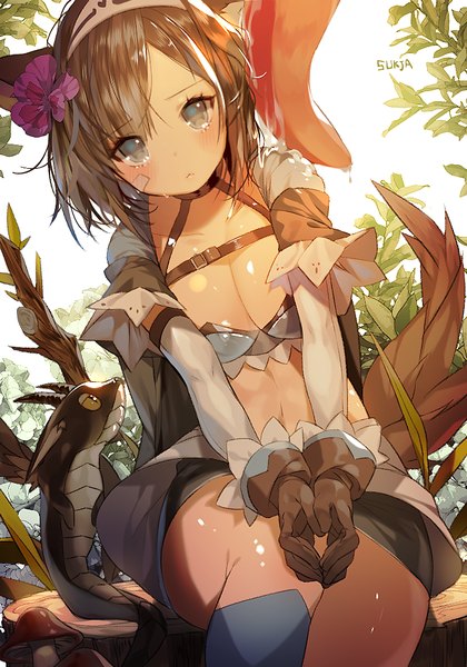 Anime picture 700x1000 with original sorolp single tall image looking at viewer blush fringe short hair breasts light erotic brown hair large breasts sitting signed animal ears cleavage outdoors hair flower bare belly short sleeves