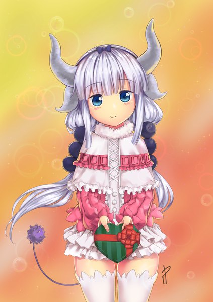 Anime picture 708x1003 with kobayashi-san chi no maidragon kyoto animation kanna kamui arkaras single long hair tall image looking at viewer blush fringe blue eyes smile standing twintails payot silver hair tail head tilt horn (horns) zettai ryouiki