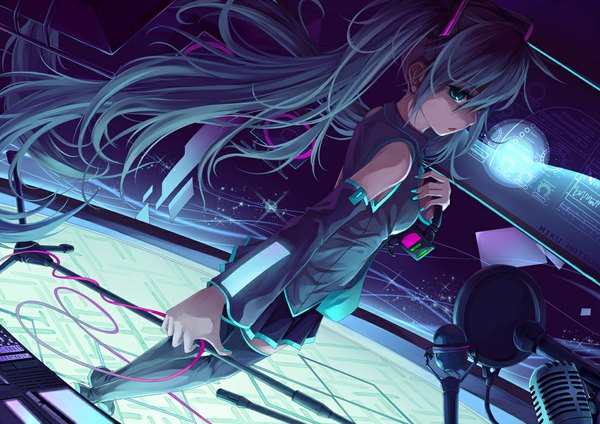 Anime picture 986x698 with vocaloid hatsune miku curry bowl single long hair looking at viewer fringe open mouth blue eyes standing twintails bare shoulders holding blue hair nail polish pleated skirt looking back from above girl skirt