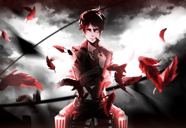 Anime picture 1364x939 with shingeki no kyojin production i.g eren yaeger kristin13 (pixiv) single short hair black hair sunlight torn clothes white eyes boy uniform weapon belt feather (feathers) wire (wires)