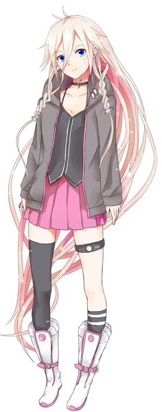 Anime picture 590x1500 with vocaloid ia (vocaloid) fmaaaaaaaa single tall image fringe blue eyes simple background blonde hair white background braid (braids) very long hair pleated skirt open clothes open jacket zettai ryouiki twin braids girl thighhighs skirt