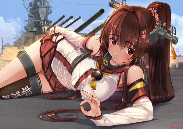 Anime picture 1900x1343 with kantai collection yamato super battleship akasaai single long hair looking at viewer blush fringe highres breasts light erotic brown hair large breasts brown eyes signed ponytail lying hair flower erect nipples shiny skin