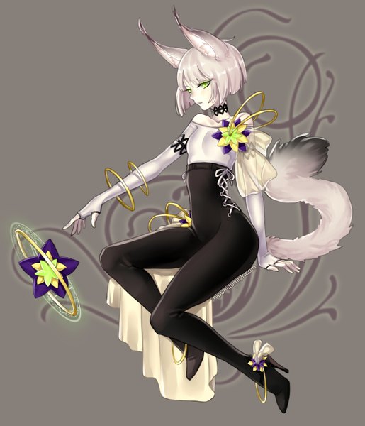 Anime picture 1280x1490 with tera online elin (tera) nipuni single tall image fringe short hair sitting green eyes animal ears tail animal tail grey hair grey background arm support high heels outstretched arm looking down lacing girl
