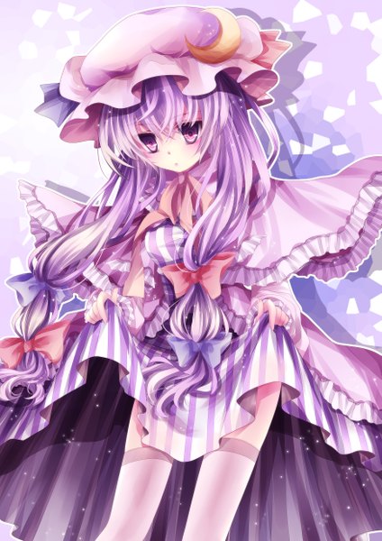 Anime picture 1753x2480 with touhou patchouli knowledge mikazuki sara long hair tall image highres purple eyes purple hair girl dress bow hair bow hat