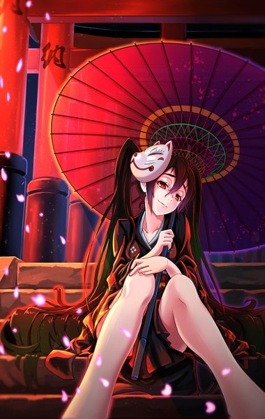 Anime picture 1000x1576 with vocaloid musunde hiraite rasetsu to mukuro (vocaloid) hatsune miku yori. single tall image fringe black hair smile hair between eyes red eyes sitting twintails holding looking away bent knee (knees) outdoors very long hair traditional clothes head tilt